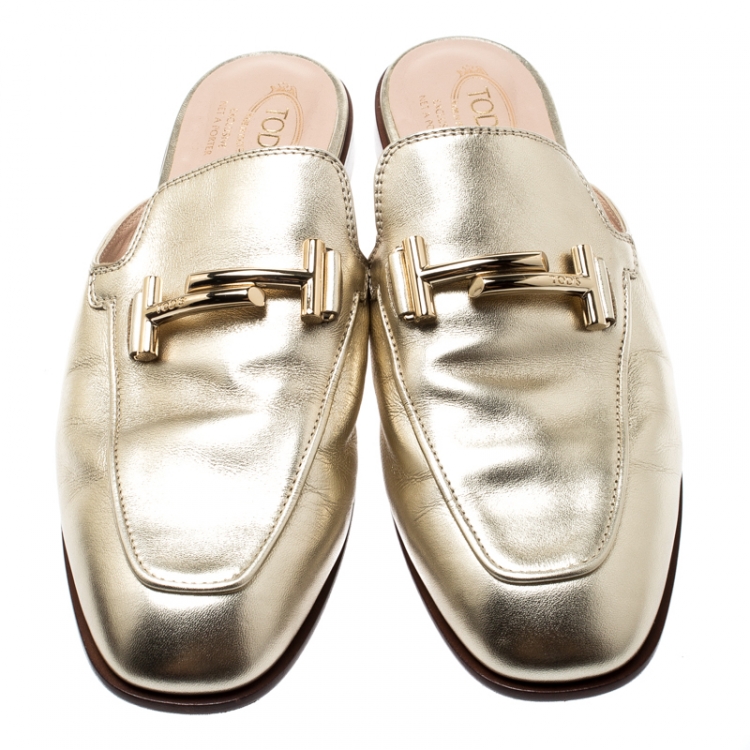 Pre Owned Tod's Metallic Gold Leather Double T Flat Loafer Slides Size 41