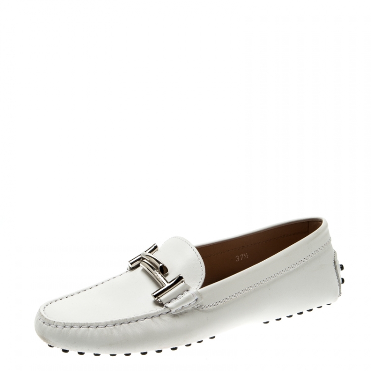 Pre Owned Tod's White Leather Double T Loafers Size 37.5