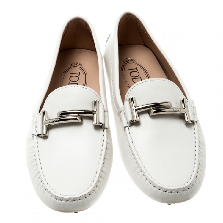 Pre Owned Tod's White Leather Double T Loafers Size 37.5