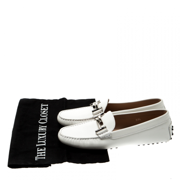 Pre Owned Tod's White Leather Double T Loafers Size 37.5