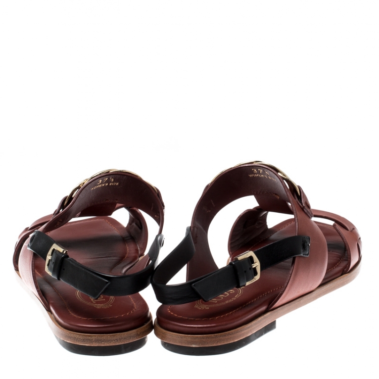 Pre Owned Tod's Brown Leather Chain Link Detail Flat Sandals Size 37.5