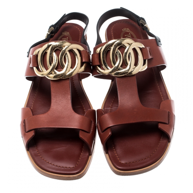 Pre Owned Tod's Brown Leather Chain Link Detail Flat Sandals Size 37.5