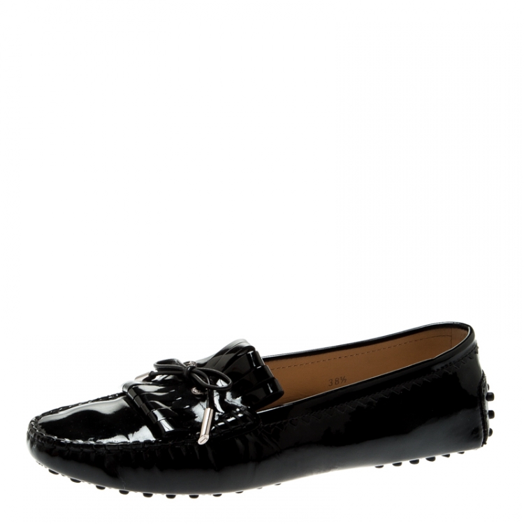 Pre Owned Tod's Black Patent Leather Fringe Bow Loafers Size 38.5