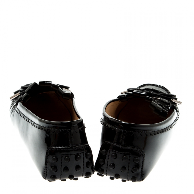 Pre Owned Tod's Black Patent Leather Fringe Bow Loafers Size 38.5