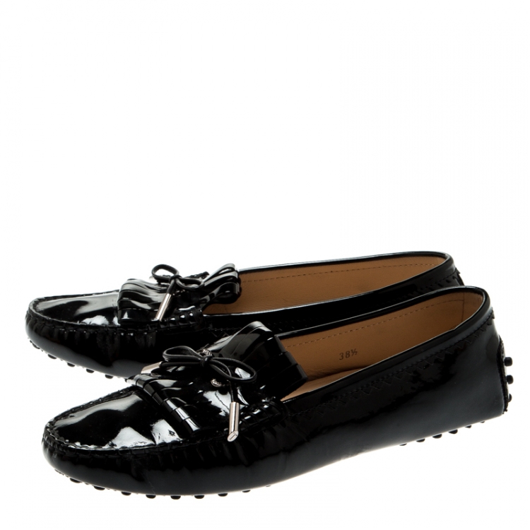 Pre Owned Tod's Black Patent Leather Fringe Bow Loafers Size 38.5