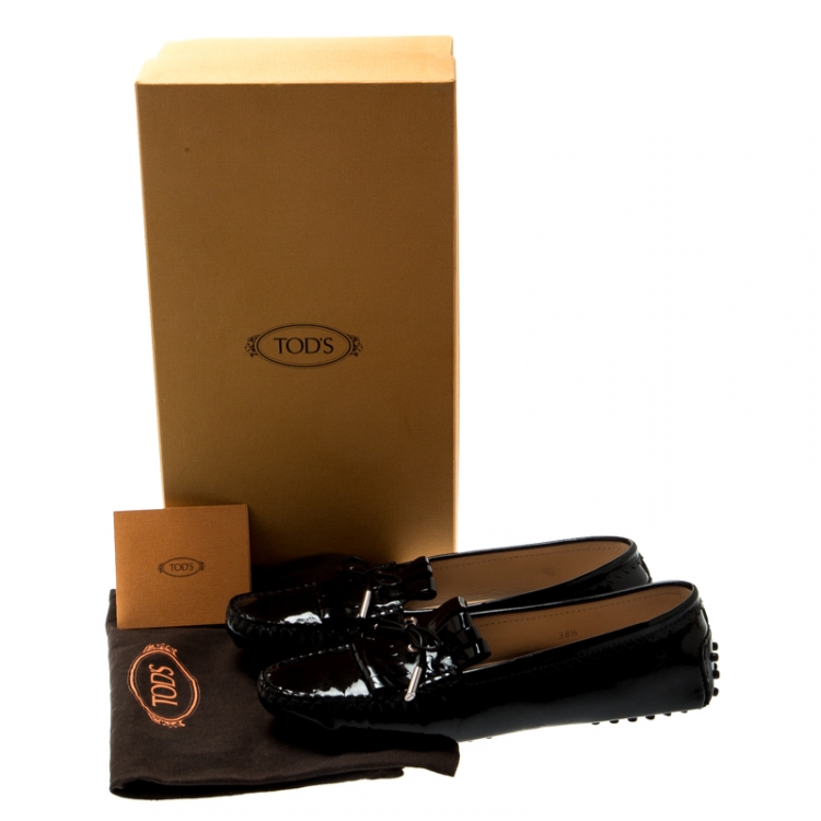Pre Owned Tod's Black Patent Leather Fringe Bow Loafers Size 38.5