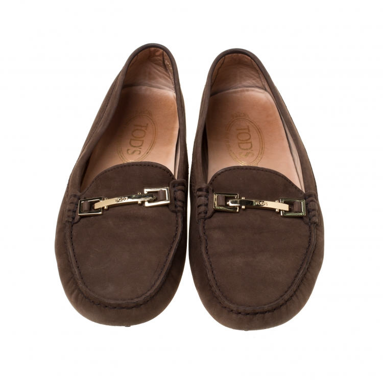 Pre Owned Tod's Brown Nubuck Gommino Driver Loafers Size 39