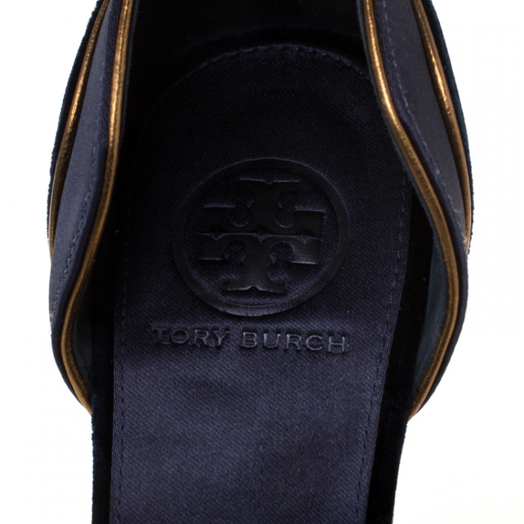 Pre Owned Tory Burch Navy Blue/Gold Velvet and Satin Alexia Wedge Sandals Size 42.5