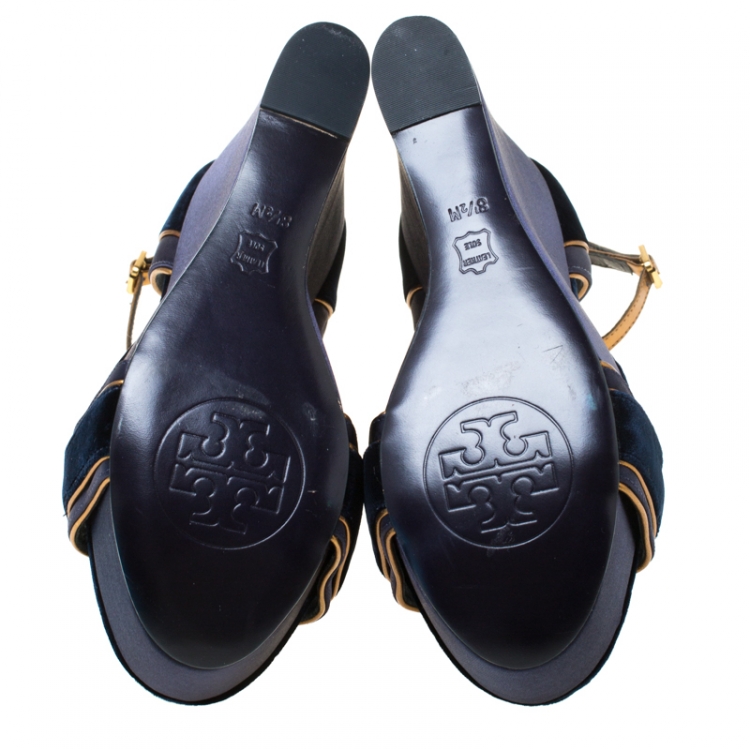 Pre Owned Tory Burch Navy Blue/Gold Velvet and Satin Alexia Wedge Sandals Size 42.5