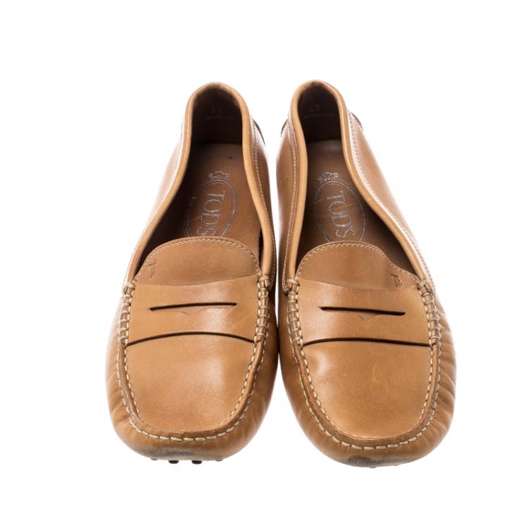 Pre Owned Tod's Tan Leather Gommino Driver Loafers Size 39
