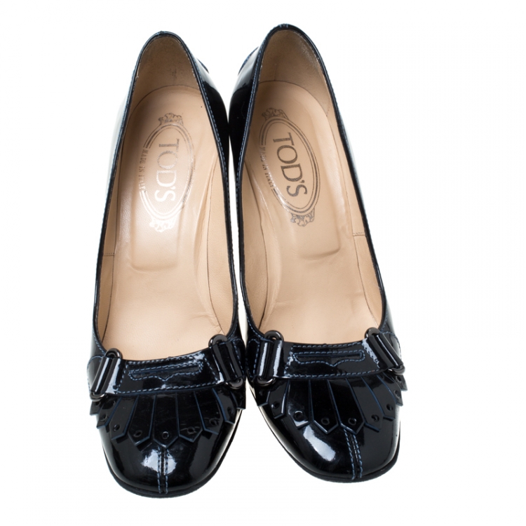 Pre Owned Tod's Oxford Blue Patent Leather Fringe Detail Penny Loafer Pumps Size 37.5