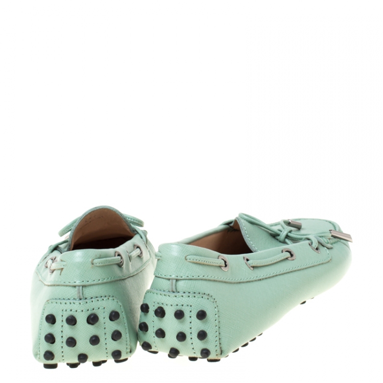 Pre Owned Tod's Mint Green Leather Bow Loafers Size 37.5