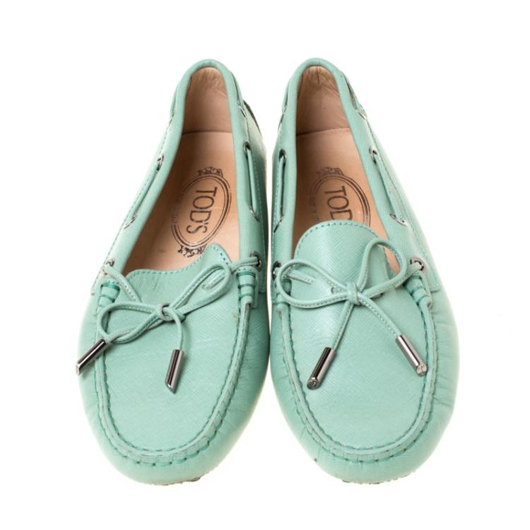 Pre Owned Tod's Mint Green Leather Bow Loafers Size 37.5