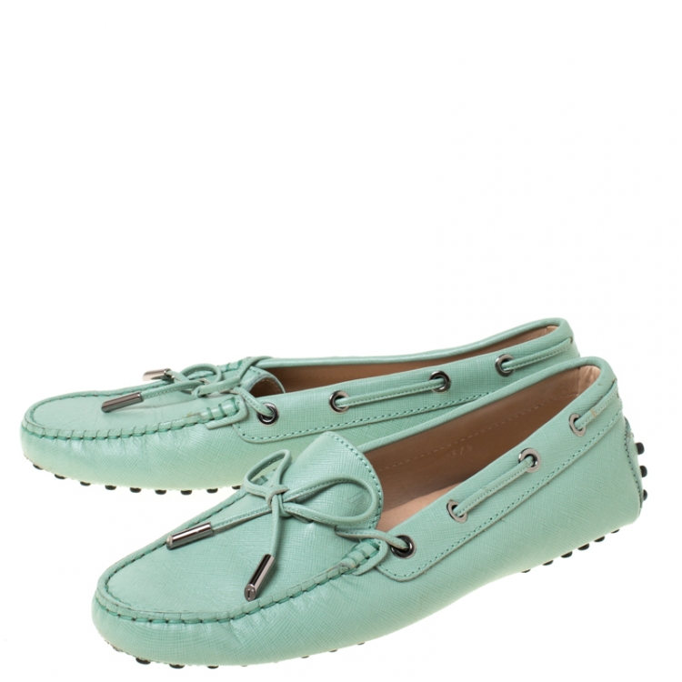 Pre Owned Tod's Mint Green Leather Bow Loafers Size 37.5