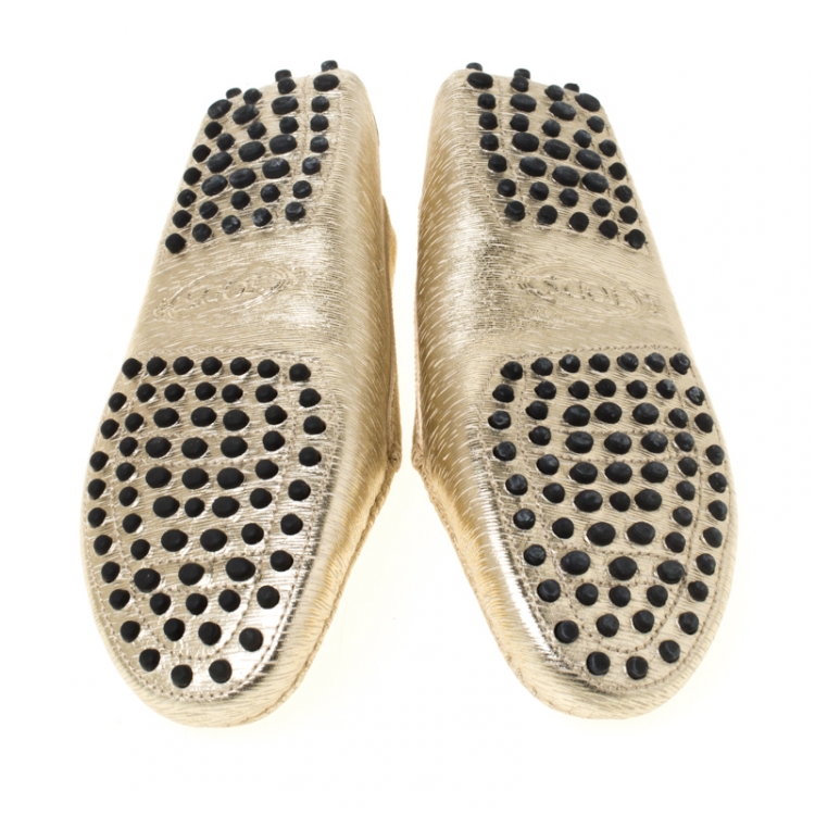 Pre Owned Tod's Metallic Gold Textured Leather Penny Loafers Size 35.5