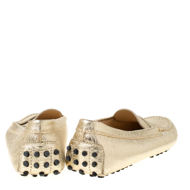 Pre Owned Tod's Metallic Gold Textured Leather Penny Loafers Size 35.5