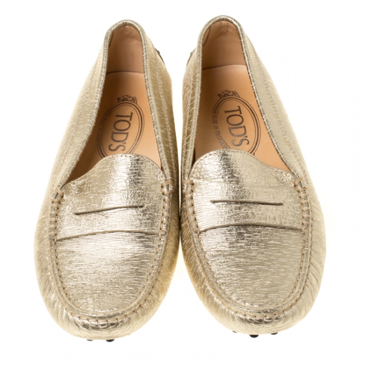 Pre Owned Tod's Metallic Gold Textured Leather Penny Loafers Size 35.5