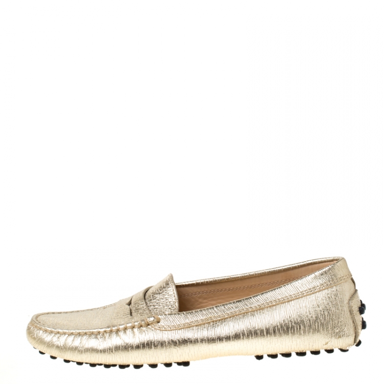 Pre Owned Tod's Metallic Gold Textured Leather Penny Loafers Size 35.5
