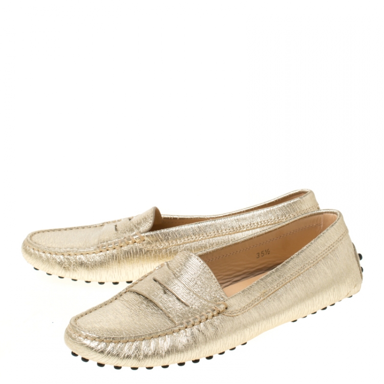 Pre Owned Tod's Metallic Gold Textured Leather Penny Loafers Size 35.5