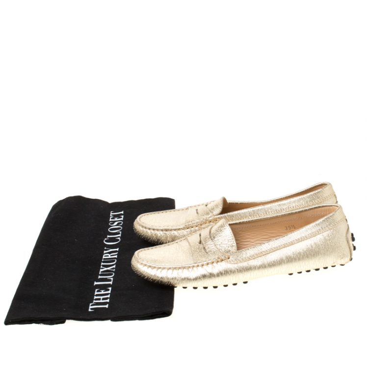 Pre Owned Tod's Metallic Gold Textured Leather Penny Loafers Size 35.5