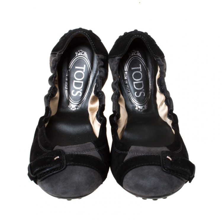 Pre Owned Tod's Black/Grey Suede Buckle Scrunch Ballerina Flats Size 38