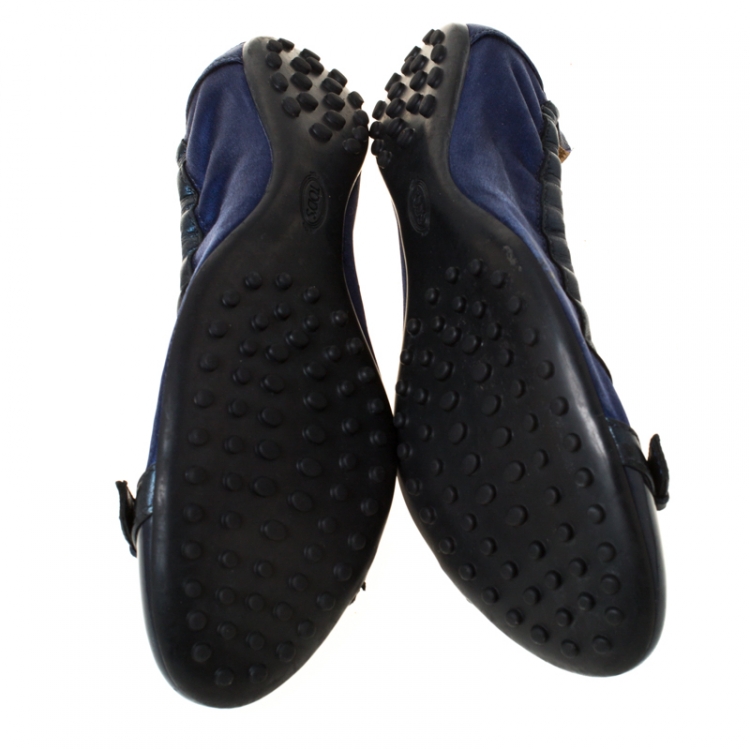 Pre Owned Tod's for Ferrari Satin and Leather Cap Toe Scrunch Ballerina Flats Size 38