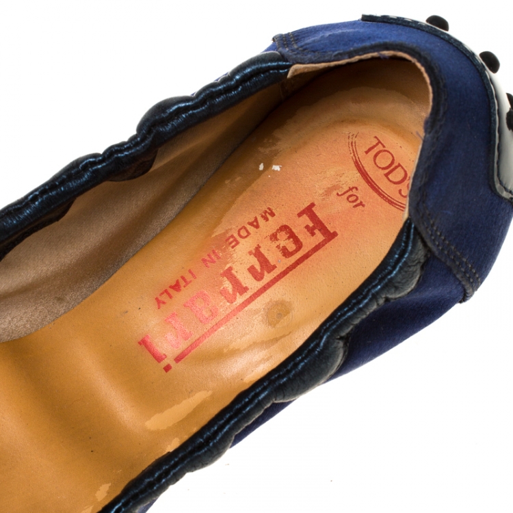 Pre Owned Tod's for Ferrari Satin and Leather Cap Toe Scrunch Ballerina Flats Size 38