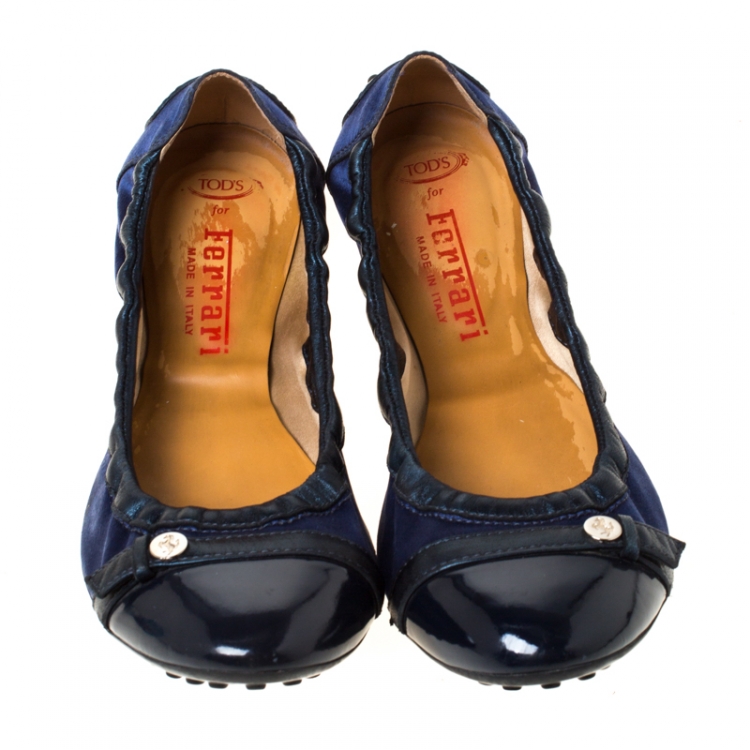 Pre Owned Tod's for Ferrari Satin and Leather Cap Toe Scrunch Ballerina Flats Size 38