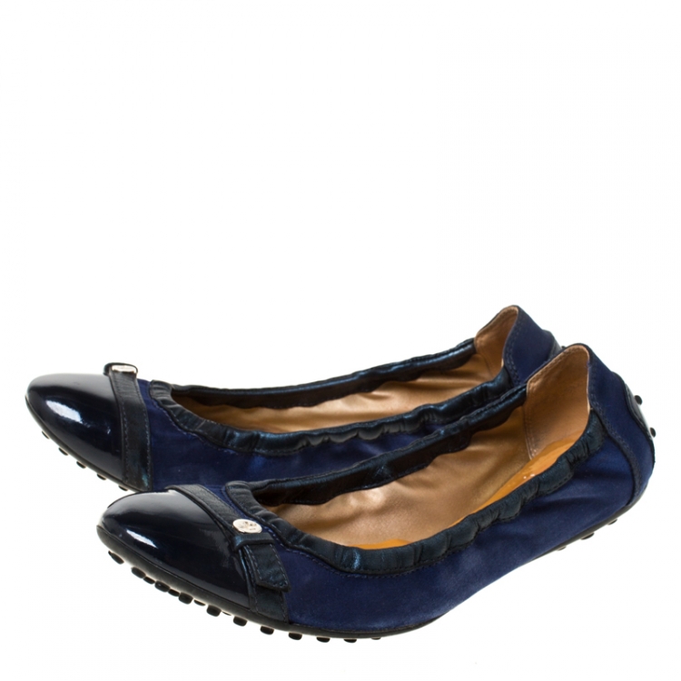 Pre Owned Tod's for Ferrari Satin and Leather Cap Toe Scrunch Ballerina Flats Size 38