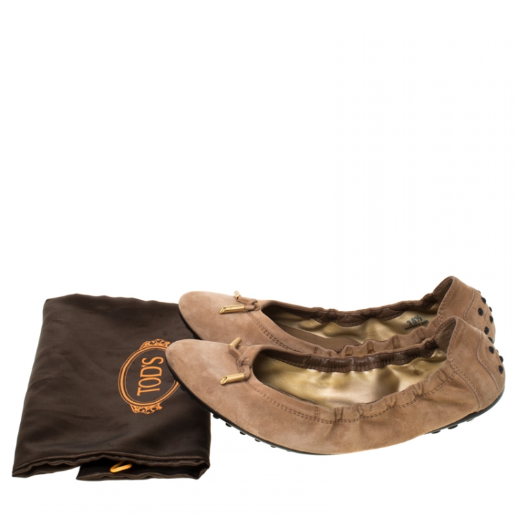 Pre Owned Tod's Brown Suede Leather Scrunch Ballet Flats Size 38.5