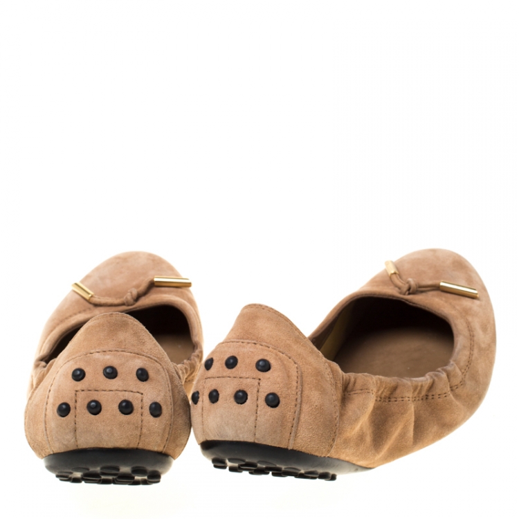 Pre Owned Tod's Brown Suede Leather Scrunch Ballet Flats Size 38.5