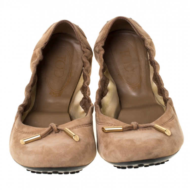 Pre Owned Tod's Brown Suede Leather Scrunch Ballet Flats Size 38.5