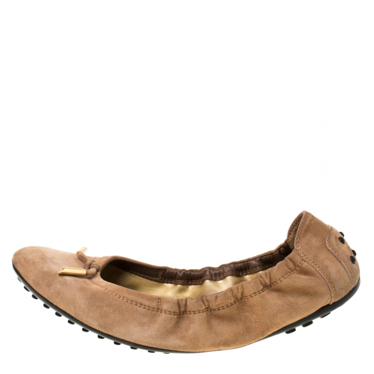 Pre Owned Tod's Brown Suede Leather Scrunch Ballet Flats Size 38.5