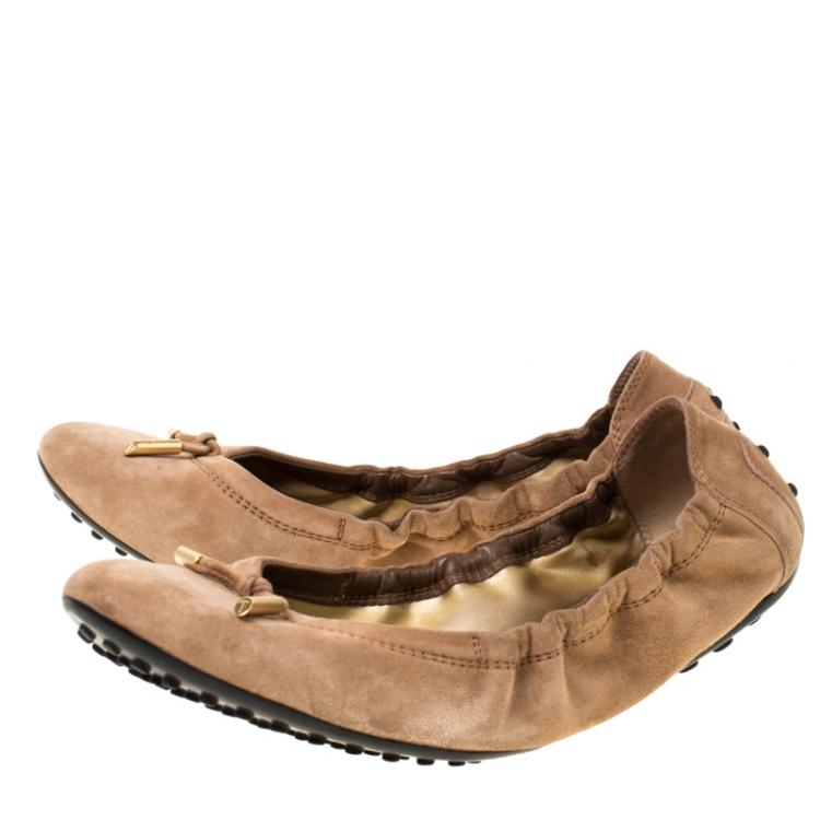 Pre Owned Tod's Brown Suede Leather Scrunch Ballet Flats Size 38.5