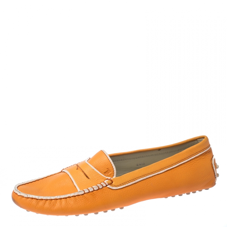 Pre Owned Tod's Orange Leather Penny Slip On Loafers Size 40.5