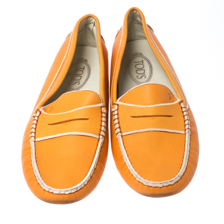 Pre Owned Tod's Orange Leather Penny Slip On Loafers Size 40.5