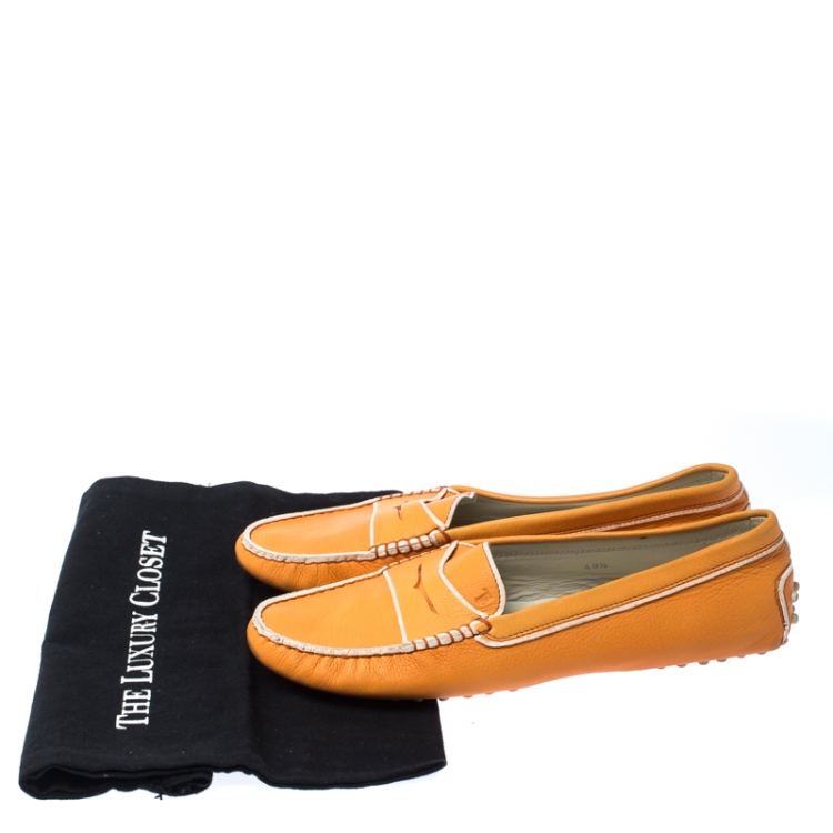 Pre Owned Tod's Orange Leather Penny Slip On Loafers Size 40.5