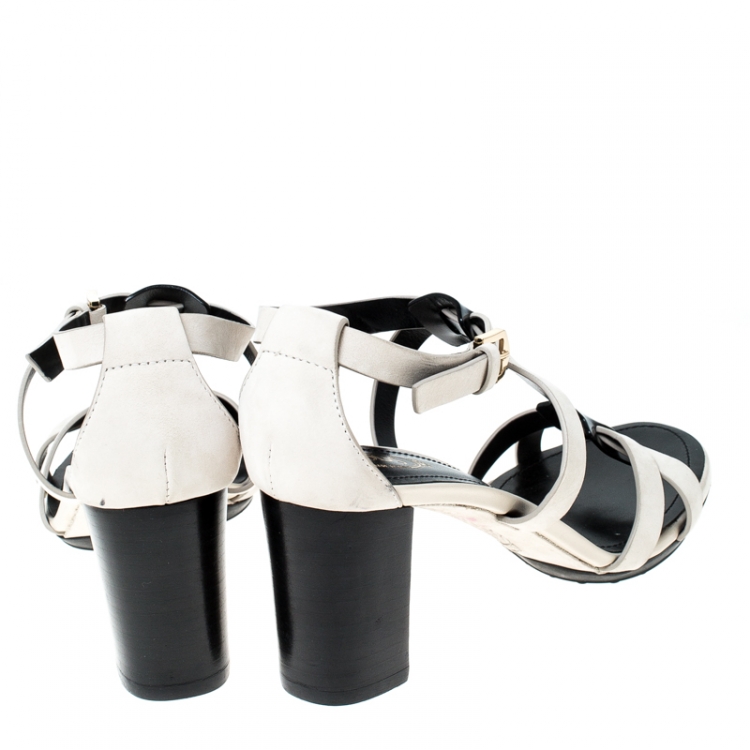 Pre Owned Tod's White/Black Nubuck Leather Ankle Strap Sandals Size 36
