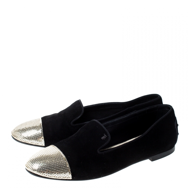 مملوكة مسبقًا Tod's Black Suede Sequins Embellished Slip On Loafers Size 39