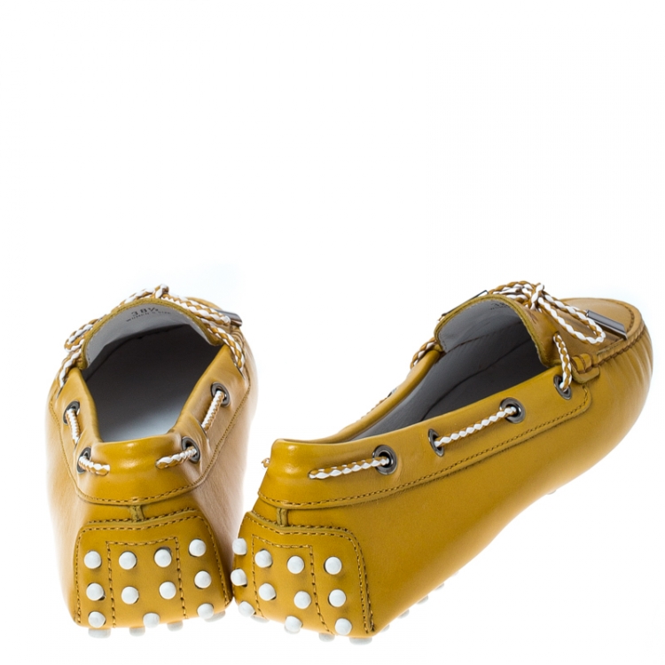Pre Owned Tod's Mustard Leather Bow Gommino Loafers Size 38.5