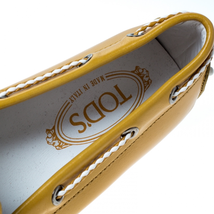 Pre Owned Tod's Mustard Leather Bow Gommino Loafers Size 38.5