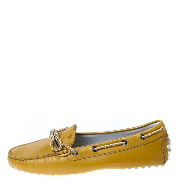 Pre Owned Tod's Mustard Leather Bow Gommino Loafers Size 38.5
