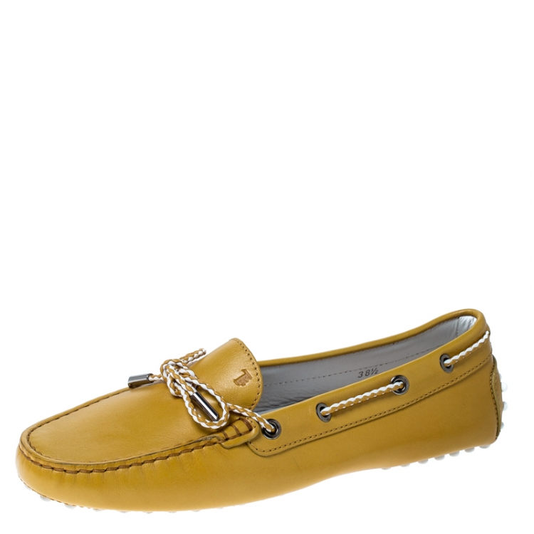 Pre Owned Tod's Mustard Leather Bow Gommino Loafers Size 38.5