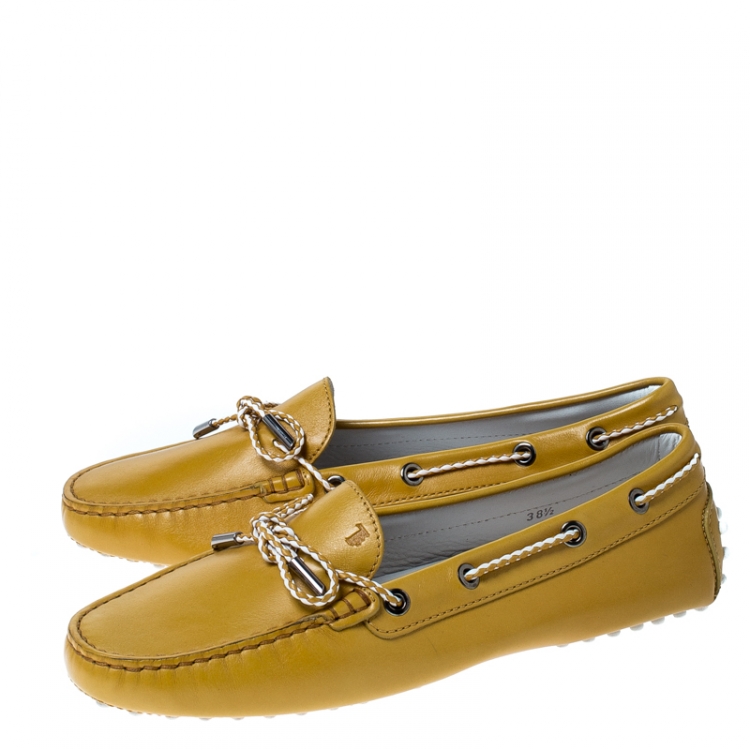 Pre Owned Tod's Mustard Leather Bow Gommino Loafers Size 38.5