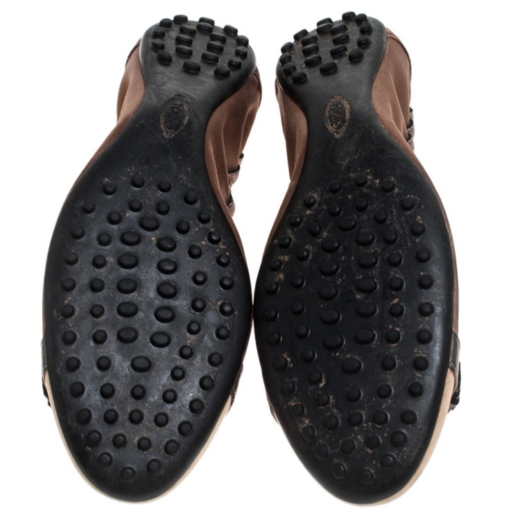Pre Owned Tod's Metallic Bronze/White Satin And Leather Cap Toe Buckle Detail Scrunch Ballet Flats Size 37