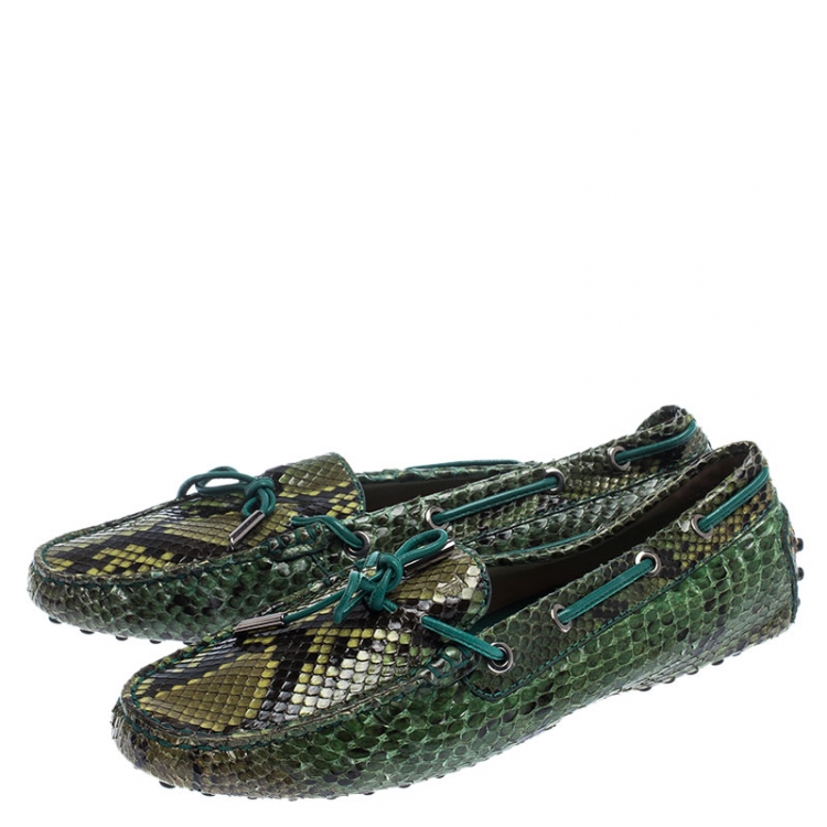 Pre Owned Tod's Green/Black Python Gommino Bow Loafers Size 38.5