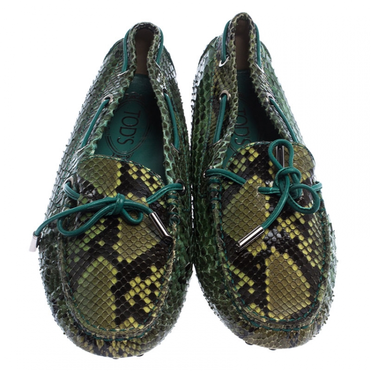 Pre Owned Tod's Green/Black Python Gommino Bow Loafers Size 38.5