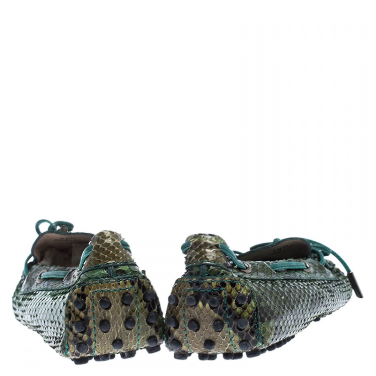 Pre Owned Tod's Green/Black Python Gommino Bow Loafers Size 38.5