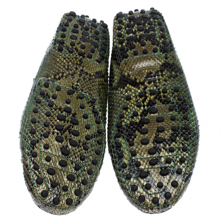 Pre Owned Tod's Green/Black Python Gommino Bow Loafers Size 38.5