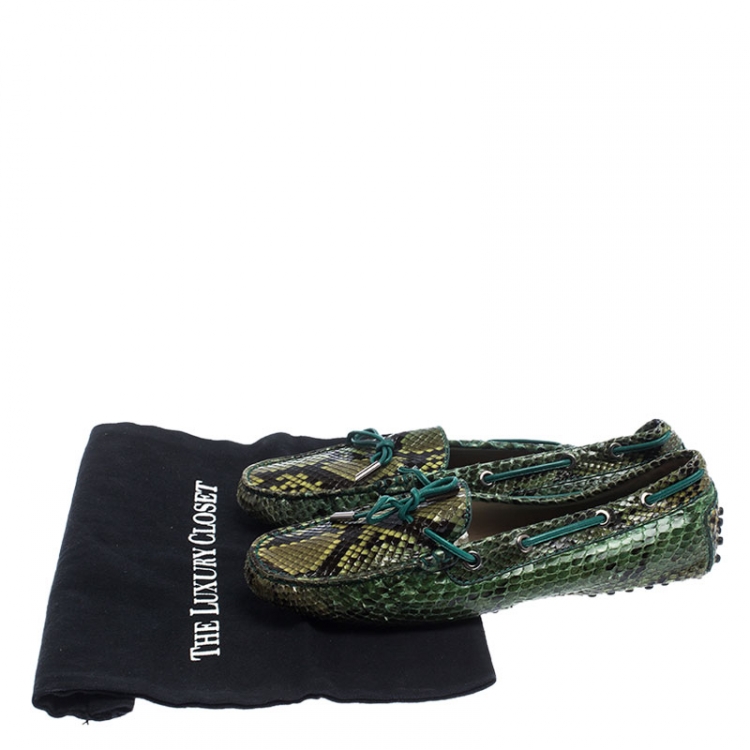Pre Owned Tod's Green/Black Python Gommino Bow Loafers Size 38.5